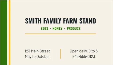 Business card template, farm stand egg club, reading "SMITH FAMILY FARM STAND", "EGGS · HONEY · PRODUCE" and "123 Main Street", in cream