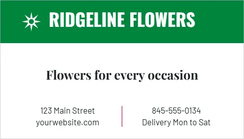 Business card template, florist, reading "RIDGELINE FLOWERS", "Flowers for every occasion" and "yourwebsite.com", in green and white
