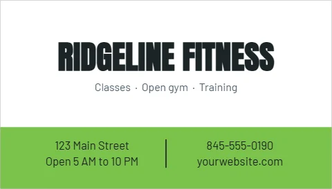 Business card template, gym and class schedule, reading "RIDGELINE FITNESS", "123 Main Street" and "yourwebsite.com", in lime and white
