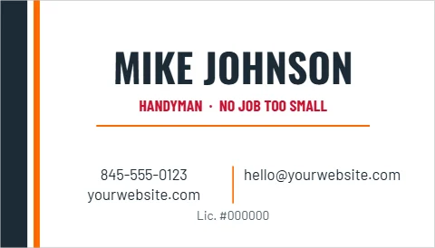 Business card template, handyman, stripes, reading "MIKE JOHNSON", "HANDYMAN · NO JOB TOO SMALL" and "yourwebsite.com", in white