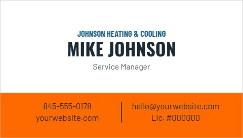 Business card template, heating and cooling, reading "MIKE JOHNSON", "hello@yourwebsite.com" and "yourwebsite.com", in orange and white