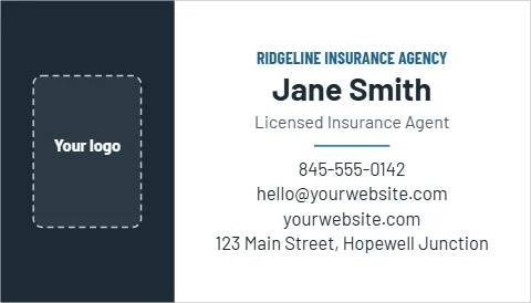 Business card template, insurance agent, reading "Jane Smith", "hello@yourwebsite.com" and "yourwebsite.com", in navy and white, with a space for your logo