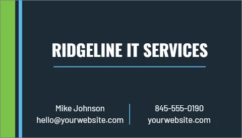Business card template, IT services, reading "RIDGELINE IT SERVICES", "Mike Johnson" and "yourwebsite.com", in navy