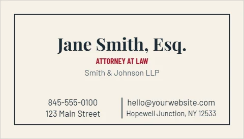 Business card template, law office, framed, reading "Jane Smith, Esq.", "845-555-0100" and "123 Main Street", in cream