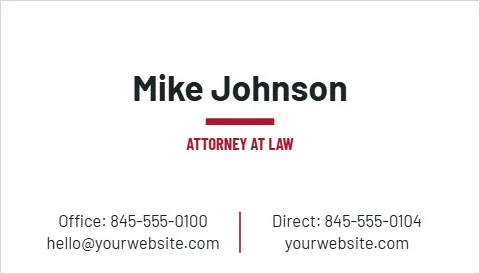 Business card template, attorney, modern, reading "Mike Johnson", "hello@yourwebsite.com" and "yourwebsite.com", in white