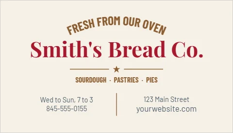 Business card template, bread bakery, arched, reading "FRESH FROM OUR OVEN", "Bread Co." and "Smith's", in cream