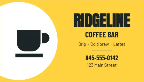 Business card template, coffee bar, sunny yellow, reading "RIDGELINE", "COFFEE BAR" and "845-555-0142", in white and yellow