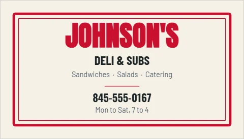 Business card template, deli, double frame, reading "JOHNSON'S", "DELI & SUBS" and "845-555-0167", in cream
