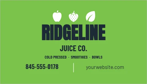 Business card template, juice bar, lime, reading "RIDGELINE", "JUICE CO." and "845-555-0178", in lime