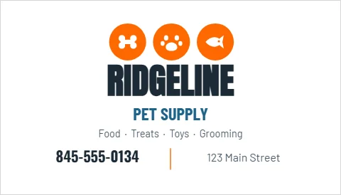 Business card template, pet supply, three circles, reading "RIDGELINE", "PET SUPPLY" and "845-555-0134", in white