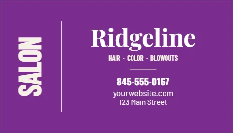 Business card template, salon, name up the side, reading "Ridgeline", "SALON" and "845-555-0167", in purple