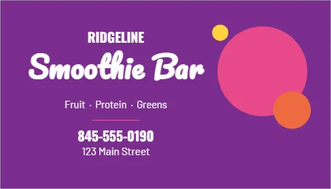 Business card template, smoothie bar, purple, reading "RIDGELINE", "Smoothie Bar" and "845-555-0190", in pink and purple
