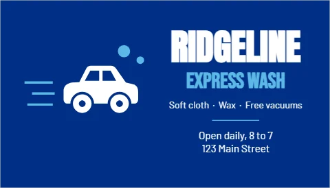 Business card template, express car wash, reading "RIDGELINE", "EXPRESS WASH" and "Open daily, 8 to 7", in blue