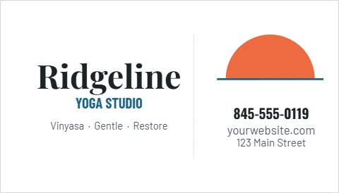 Business card template, yoga studio, rising sun, reading "Ridgeline", "YOGA STUDIO" and "845-555-0119", in coral and white