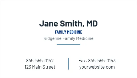 Business card template, physician, reading "Jane Smith, MD", "845-555-0142" and "yourwebsite.com", in white