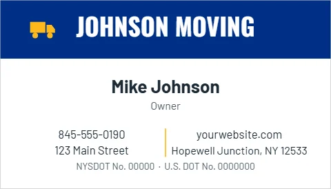 Business card template, movers, reading "JOHNSON MOVING", "Mike Johnson" and "yourwebsite.com", in blue and white