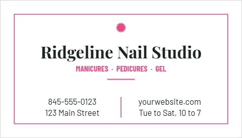 Business card template, nail studio, reading "Ridgeline Nail Studio", "yourwebsite.com" and "845-555-0123", in white