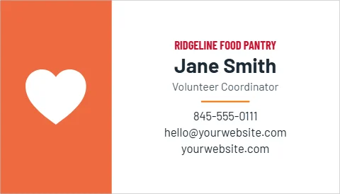 Business card template, nonprofit volunteer, reading "Jane Smith", "hello@yourwebsite.com" and "yourwebsite.com", in coral and white
