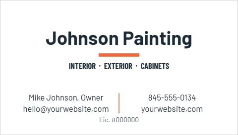 Business card template, painting, underlined, reading "Johnson Painting", "hello@yourwebsite.com" and "yourwebsite.com", in white