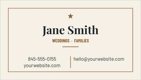 Business card template, wedding photographer, reading "Jane Smith", "845-555-0155" and "yourwebsite.com", in cream