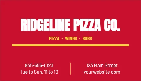 Business card template, pizza rewards card, reading "RIDGELINE PIZZA CO.", "PIZZA · WINGS · SUBS" and "yourwebsite.com", in red