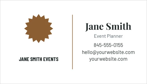 Business card template, event planner, reading "Jane Smith", "JANE SMITH EVENTS" and "yourwebsite.com", in white