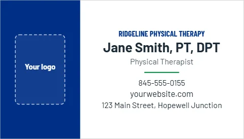 Business card template, physical therapy, reading "RIDGELINE PHYSICAL THERAPY", "Jane Smith, PT, DPT" and "yourwebsite.com", in blue and white, with a space for your logo