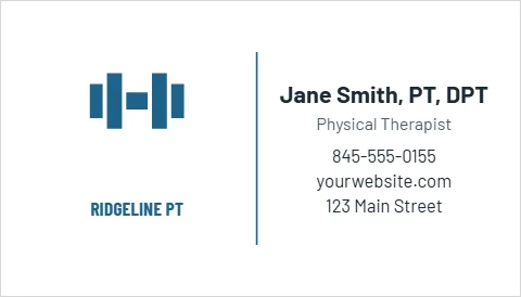 Business card template, physical therapy sessions, reading "Jane Smith, PT, DPT", "yourwebsite.com" and "RIDGELINE PT", in white