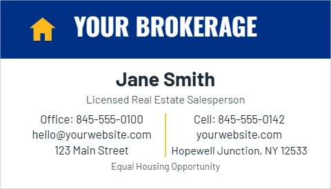Business card template, brokerage band, reading "YOUR BROKERAGE", "Jane Smith" and "hello@yourwebsite.com", in blue and white