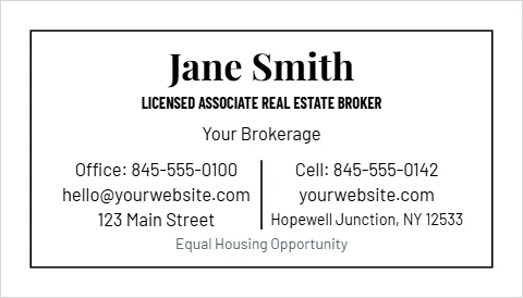 Business card template, luxury serif, reading "Jane Smith", "Your Brokerage" and "yourwebsite.com", in white