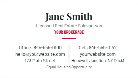 Business card template, agent, minimal, reading "Jane Smith", "YOUR BROKERAGE" and "yourwebsite.com", in white