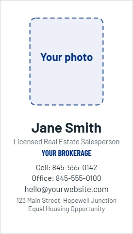 Business card template, agent with photo, reading "Jane Smith", "YOUR BROKERAGE" and "hello@yourwebsite.com", in white, with a space for your logo