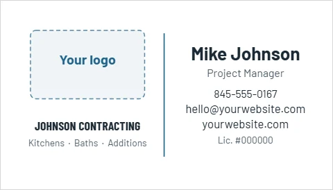 Business card template, contractor, split, reading "Mike Johnson", "yourwebsite.com" and "JOHNSON CONTRACTING", in white, with a space for your logo