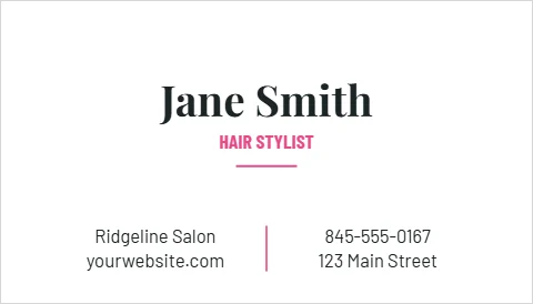 Business card template, hair stylist, reading "Jane Smith", "HAIR STYLIST" and "yourwebsite.com", in white