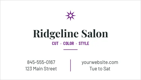 Business card template, salon rewards, reading "Ridgeline Salon", "yourwebsite.com" and "845-555-0167", in white