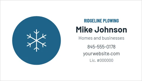 Business card template, snow plowing, reading "RIDGELINE PLOWING", "Mike Johnson" and "yourwebsite.com", in steel blue and white