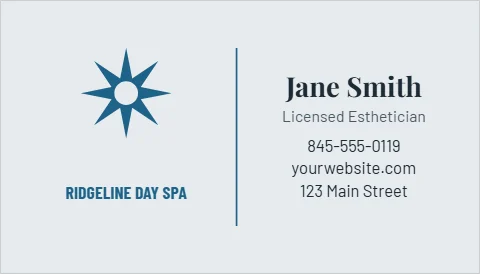 Business card template, day spa, reading "Jane Smith", "yourwebsite.com" and "RIDGELINE DAY SPA", in light gray