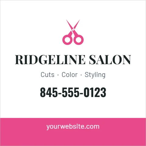 Business card template, square, salon appointment, reading "RIDGELINE SALON", "845-555-0123" and "yourwebsite.com", in pink and white