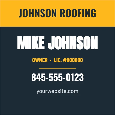 Business card template, square, bold name, reading "JOHNSON ROOFING", "MIKE JOHNSON" and "845-555-0123", in gold and navy