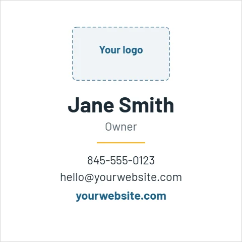 Business card template, square, logo on top, reading "Jane Smith", "hello@yourwebsite.com" and "yourwebsite.com", in white, with a space for your logo