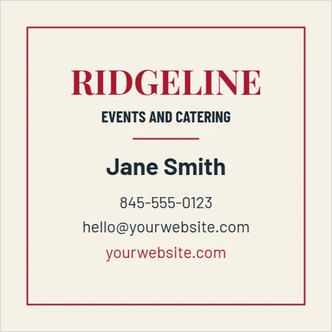 Business card template, square, framed serif, reading "RIDGELINE", "Jane Smith" and "hello@yourwebsite.com", in cream