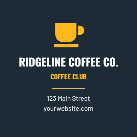 Business card template, square, coffee punch card, reading "RIDGELINE COFFEE CO.", "COFFEE CLUB" and "yourwebsite.com", in navy