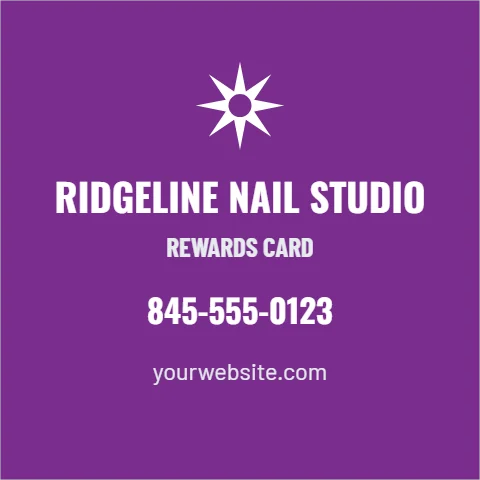 Business card template, square, stamp card, reading "RIDGELINE NAIL STUDIO", "REWARDS CARD" and "845-555-0123", in purple