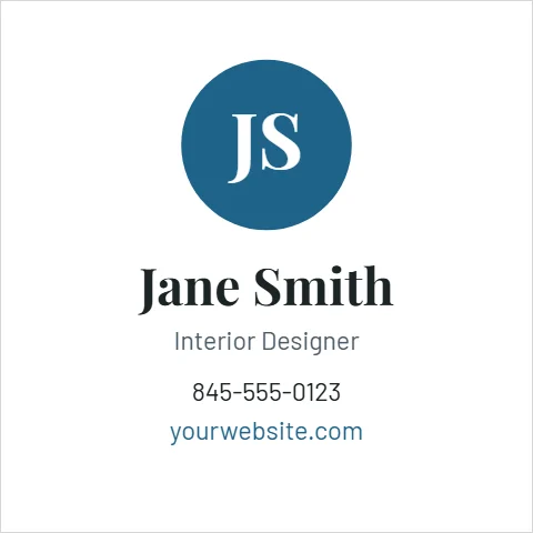Business card template, square, initials, reading "JS", "Jane Smith" and "yourwebsite.com", in white