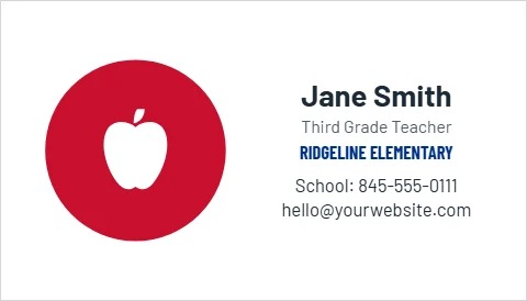 Business card template, teacher, reading "Jane Smith", "RIDGELINE ELEMENTARY" and "hello@yourwebsite.com", in red and white