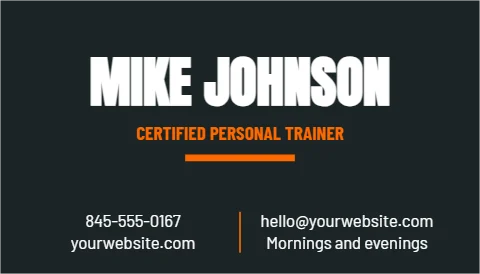 Business card template, personal trainer, reading "MIKE JOHNSON", "CERTIFIED PERSONAL TRAINER" and "hello@yourwebsite.com", in charcoal