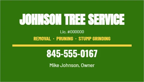 Business card template, tree service, reading "JOHNSON TREE SERVICE", "REMOVAL · PRUNING · STUMP GRINDING" and "845-555-0167", in green