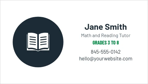 Business card template, tutor, reading "Jane Smith", "GRADES 3 TO 8" and "hello@yourwebsite.com", in navy and white