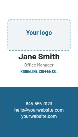Business card template, logo on top, reading "Jane Smith", "hello@yourwebsite.com" and "yourwebsite.com", in steel blue and white, with a space for your logo
