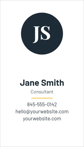 Business card template, initials in a disc, reading "JS", "Jane Smith" and "hello@yourwebsite.com", in navy and white